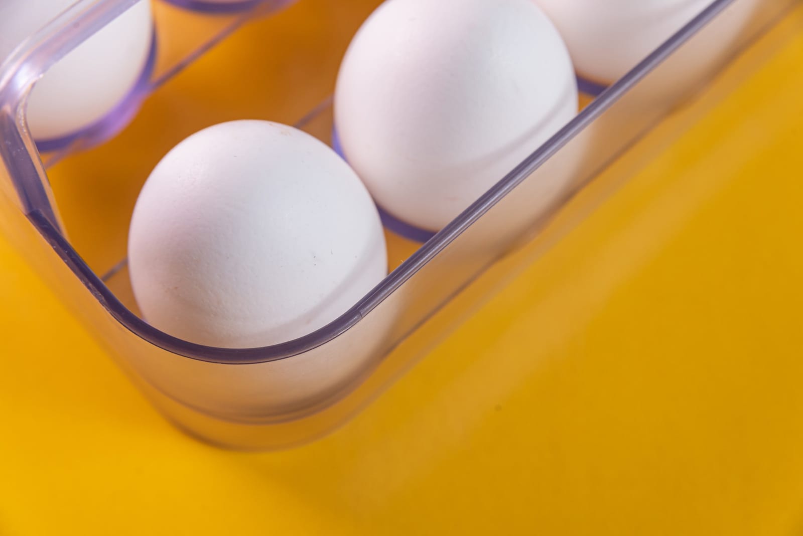 Ovos brancos em bandeja plástica transparente, usados para ilustrar chocadeiras de entrada